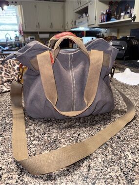Casual Gray Canvas Satchel with Tan Strap